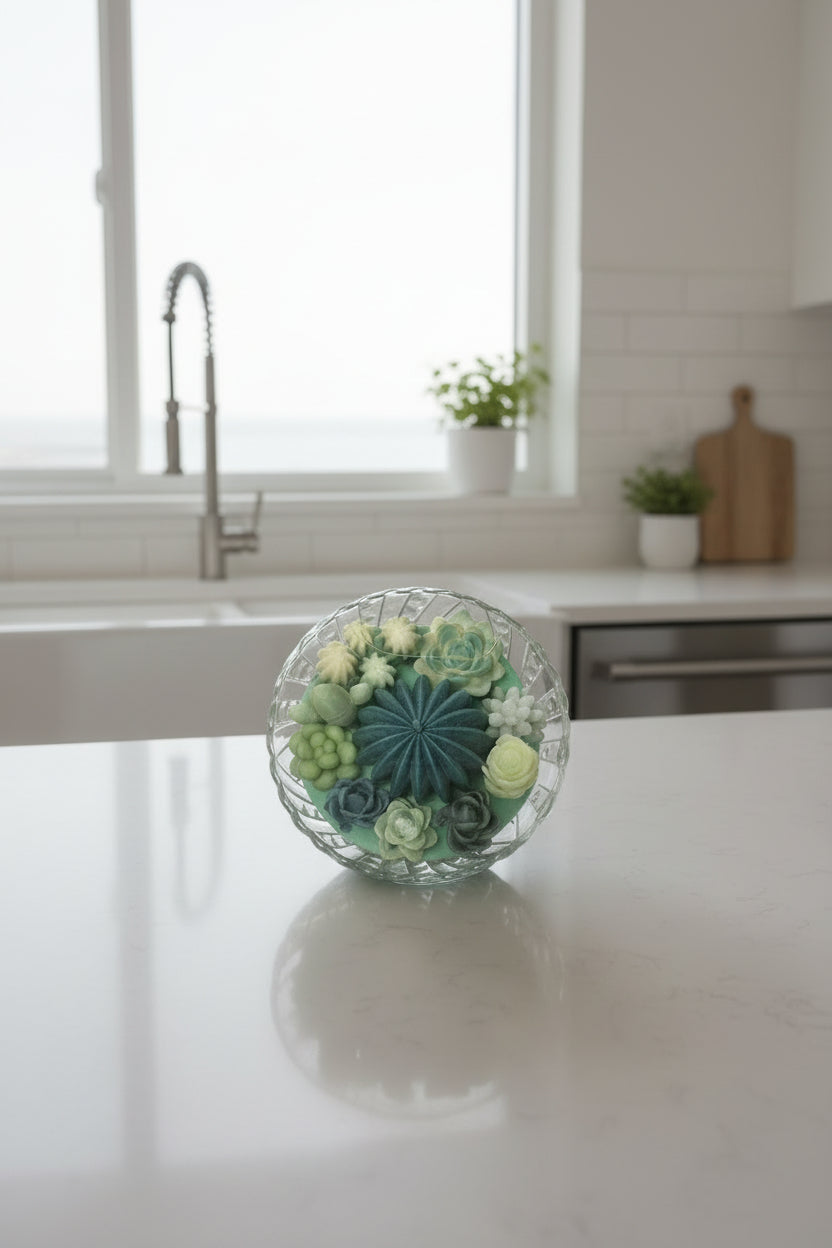 Decorative arrangement of green and blue succulent-shaped candles in a glass bowl.